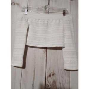 BCBG White Off The Shoulder Crop Top Textured Long Sleeve Eyelet Knit